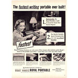 1950 Gray Magic Royal Portable Typewriter Vintage Print Ad Woman Typing Wall Art